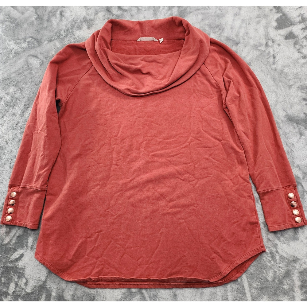 Soft Surroundings Sweater Womens L Orange Rust Valarie Cowl Neck Tunic Snap Cuff